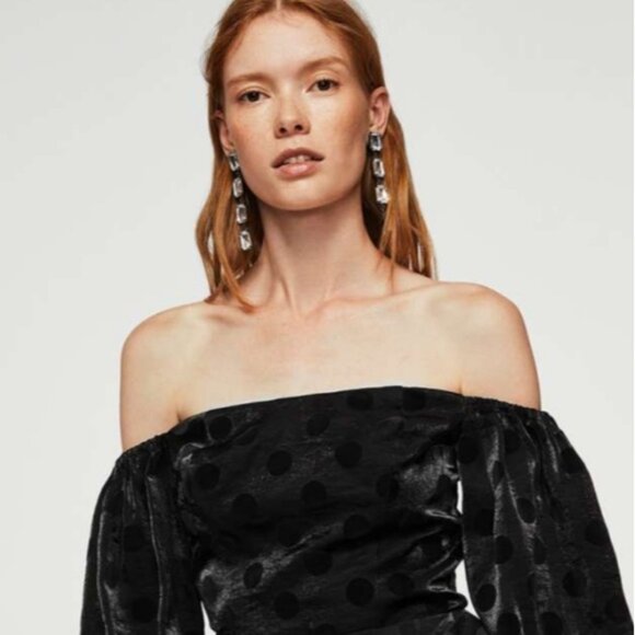 Mango Shiny Black Velvet Polka Dot Off-Shoulder Puff Sleeve Top - Picture 1 of 8